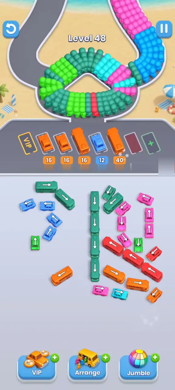 Level 48 with six buses parked, mostly orange, one blue and one red, and the bottom arc gone