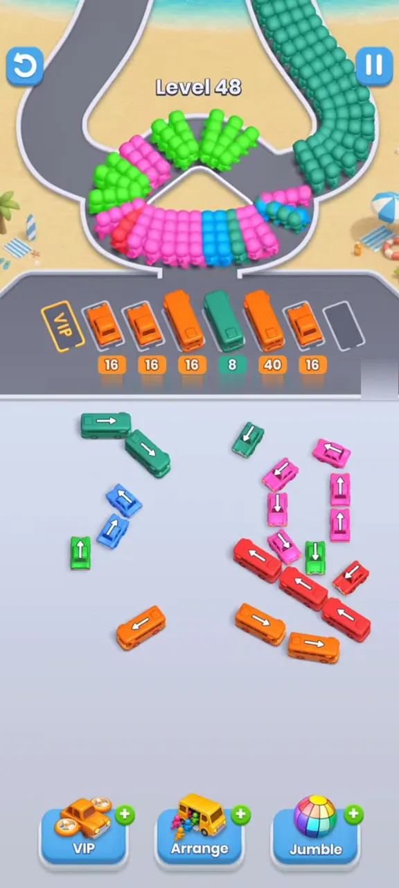 Level 48 with seven buses parked and the center column removed, red and pink buses still on the right