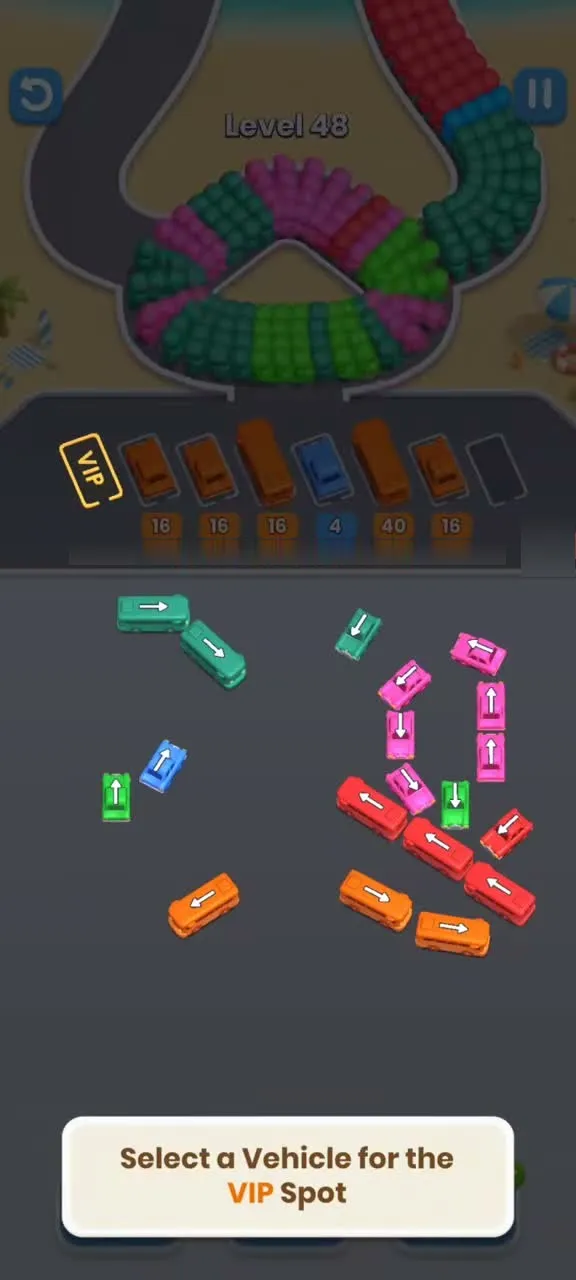 Level 48 with the Select a Vehicle for the VIP Spot prompt over a dimmed lot, a full waiting row and a few teal, blue, green, orange, pink and red buses left
