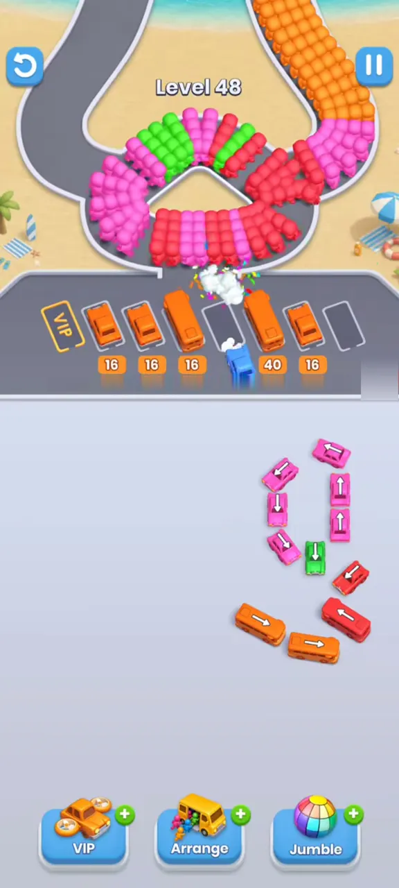 End of level 48: pink buses standing upright on the right, two red and two orange buses below them, and a row of orange buses and one blue bus at the top
