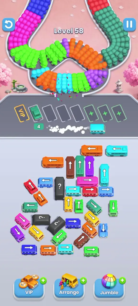 Level 58 after the first taps: a green bus parked in the waiting row, a teal bus driving out and the top-left corner cleared