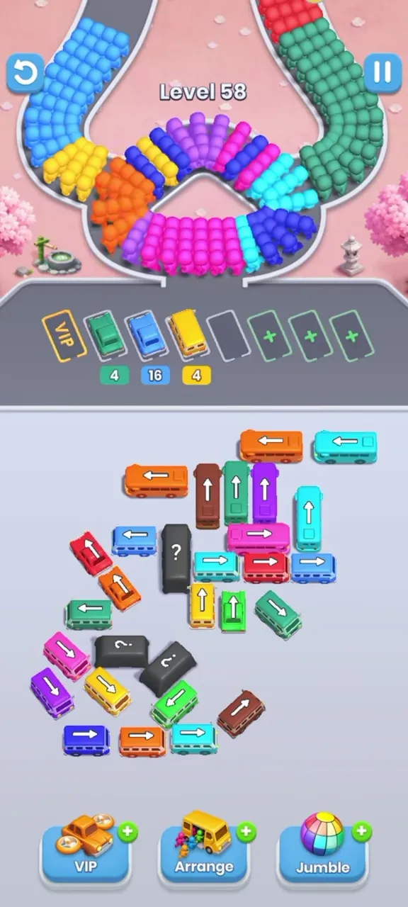 Level 58 with a green, a blue and a yellow bus parked and the tall upper buses and two dark buses still in place