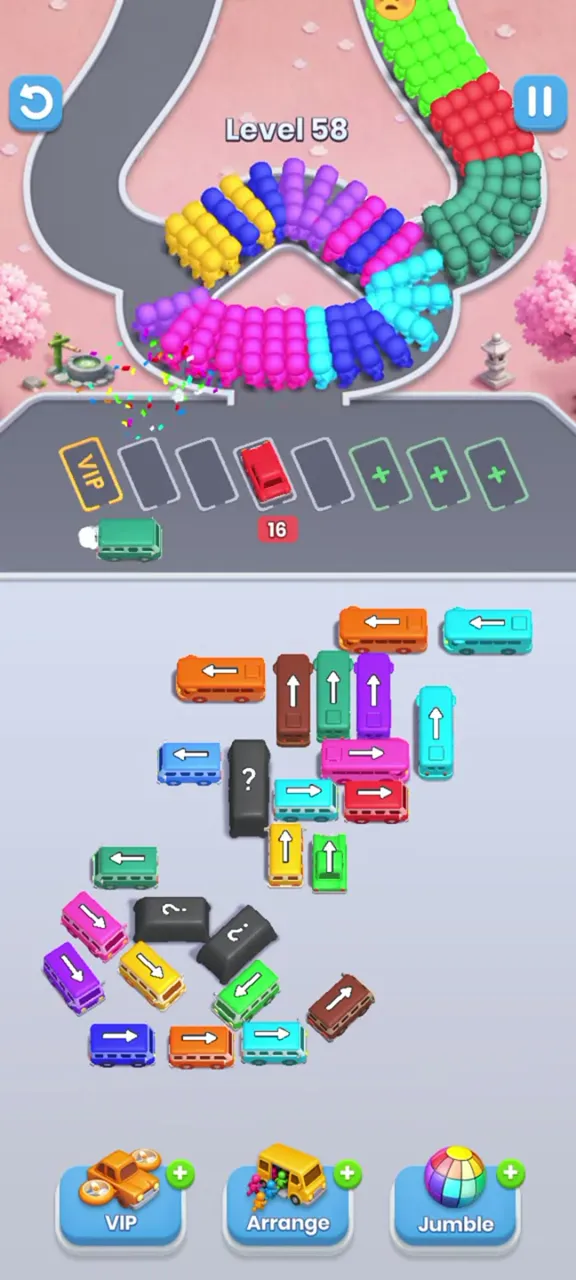 Level 58 with one red bus parked, a green bus leaving, and the left side of the lot thinner than at the start