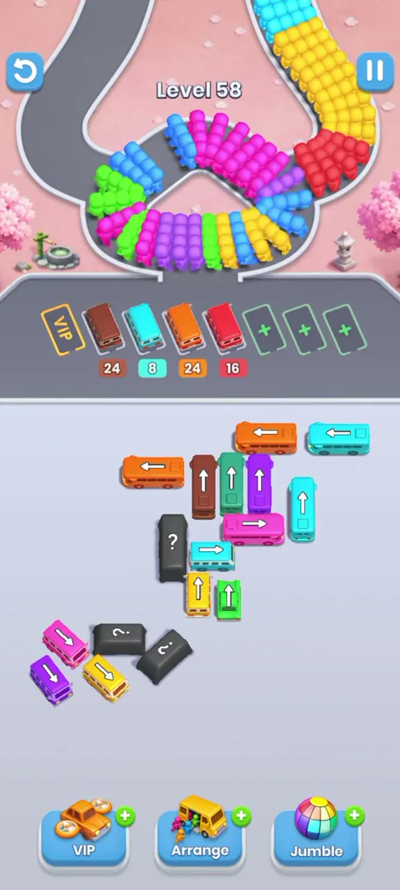 Level 58 with brown, teal, orange and red buses parked, the bottom right empty and the center rows still filled