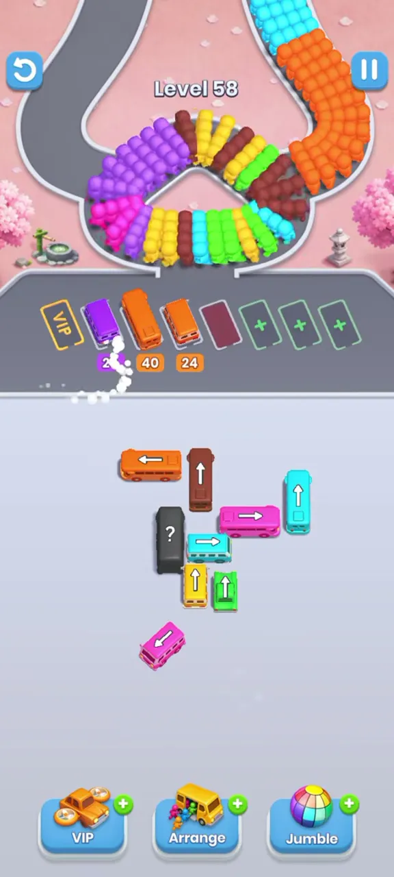 Level 58 with a purple and two long orange buses parked and a thin group of buses left in the middle