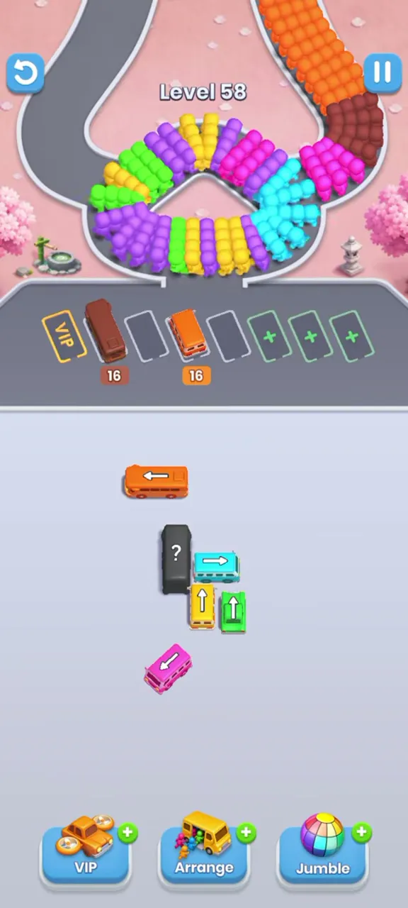 End of level 58: six buses left on the lot, an orange, a dark question-mark, a teal, a yellow, a green and a pink one, with a brown and an orange bus parked
