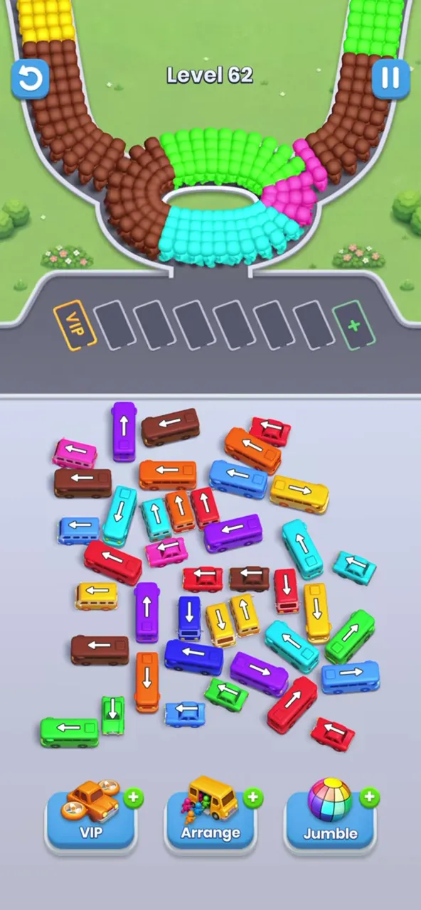 Bus Fever Party level 62: crossing arrows, wide waiting row
