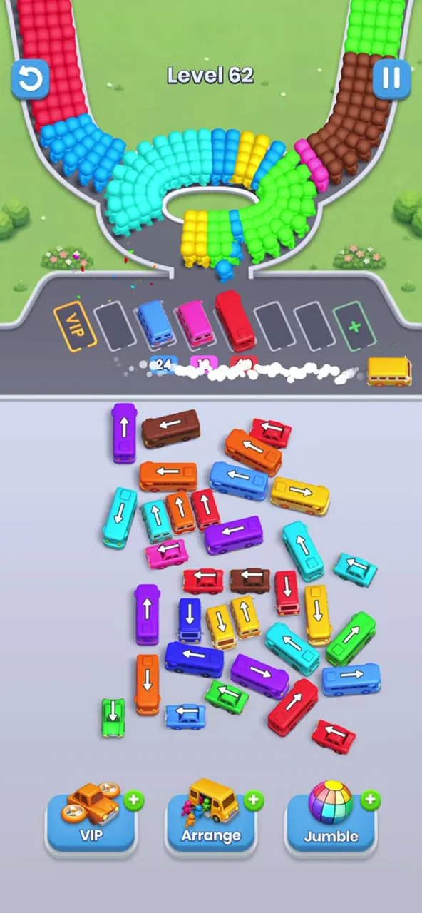 Level 62 after the first taps: three buses parked and a yellow bus driving out to the right