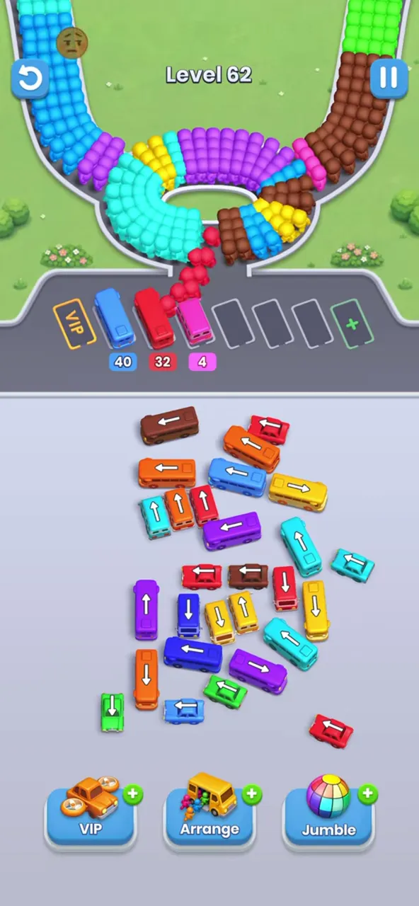 Level 62 with two red buses and a pink bus parked and the upper left of the lot a little thinner