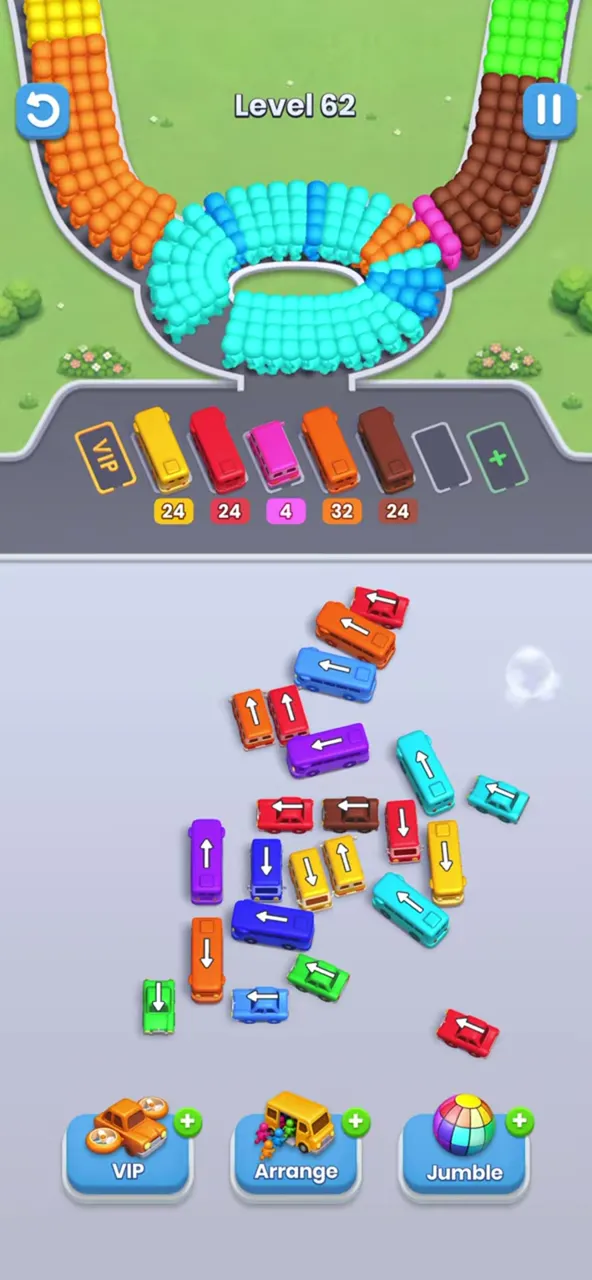 Level 62 with five buses parked, a yellow, a red, a pink, an orange and a brown one, and the middle of the lot starting to open