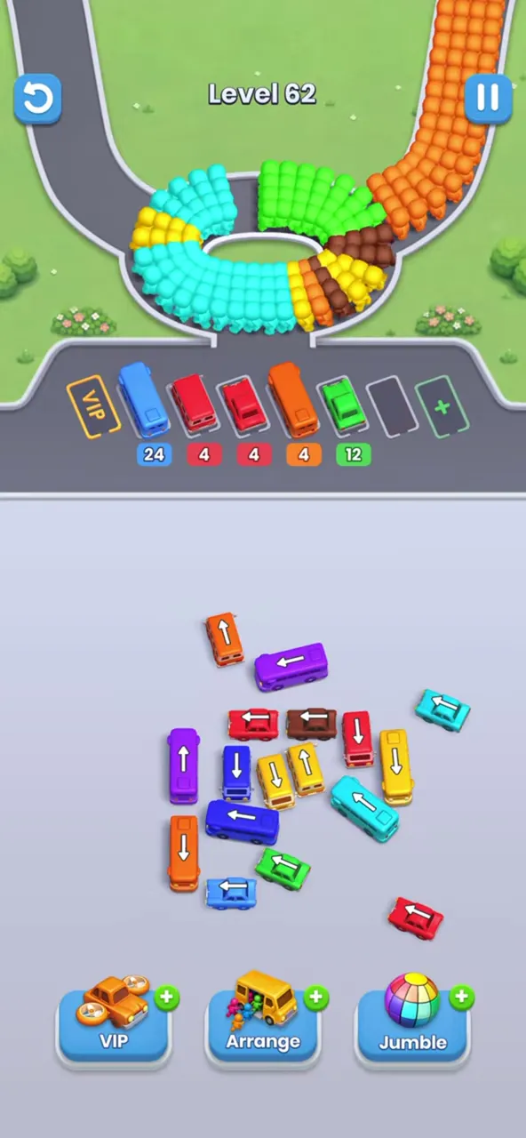 Level 62 with five buses parked, a blue, two red, an orange and a green one, and only the lower middle block left