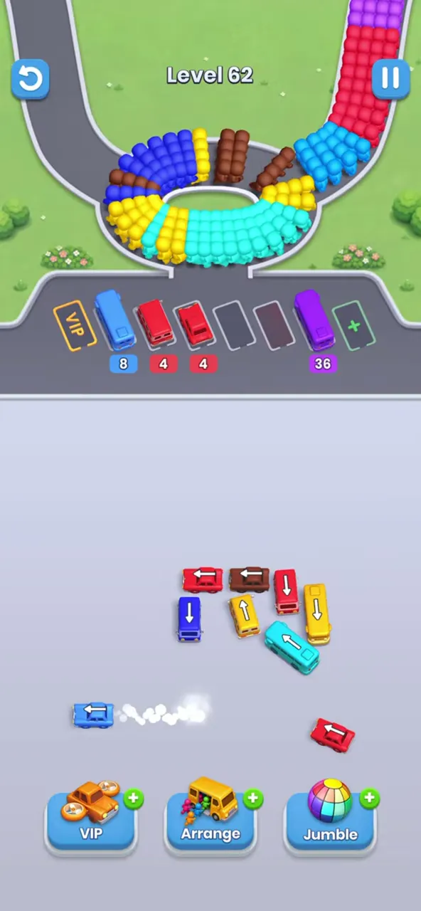 End of level 62: a short arch of buses in the middle, one red bus at the lower right, a blue bus driving out and four buses parked in the row