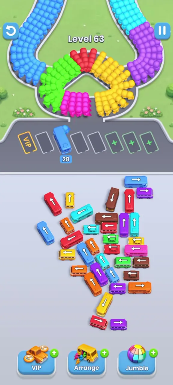 Level 63 after the first moves: the outer buses on the left are gone and one long bus is parked in the waiting row