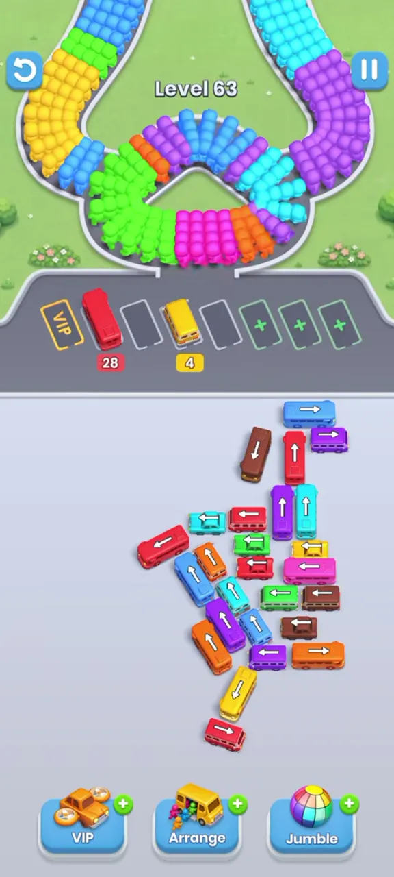 Level 63 with the top edge thinned out and two buses parked in the waiting row