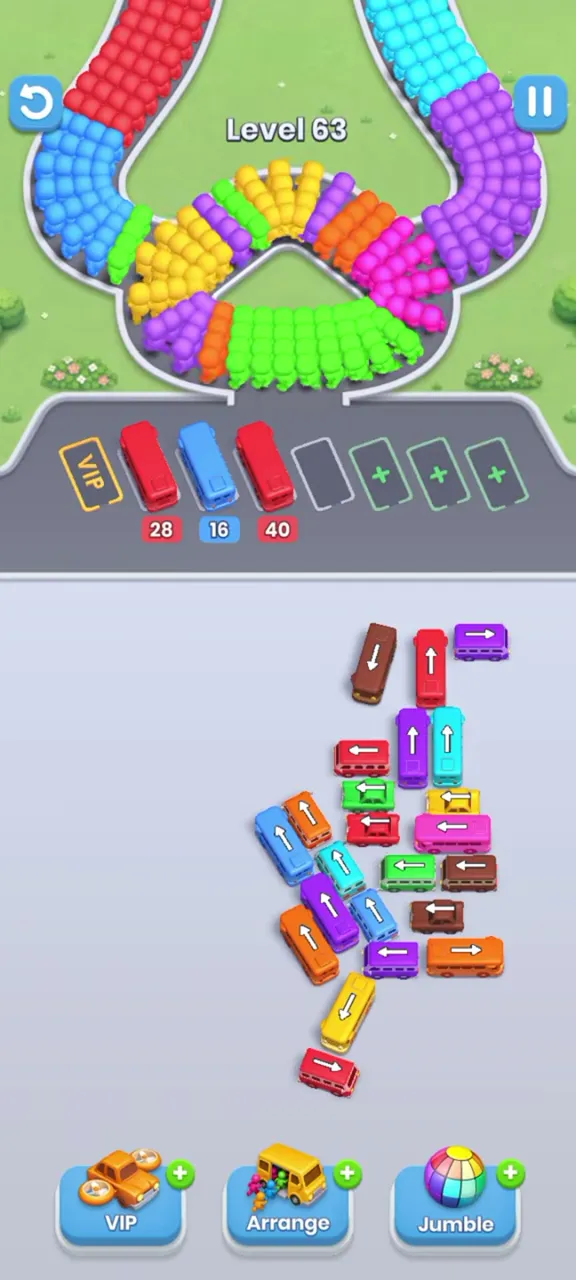 Level 63 with the left side of the lot cleared and three buses parked in the waiting row