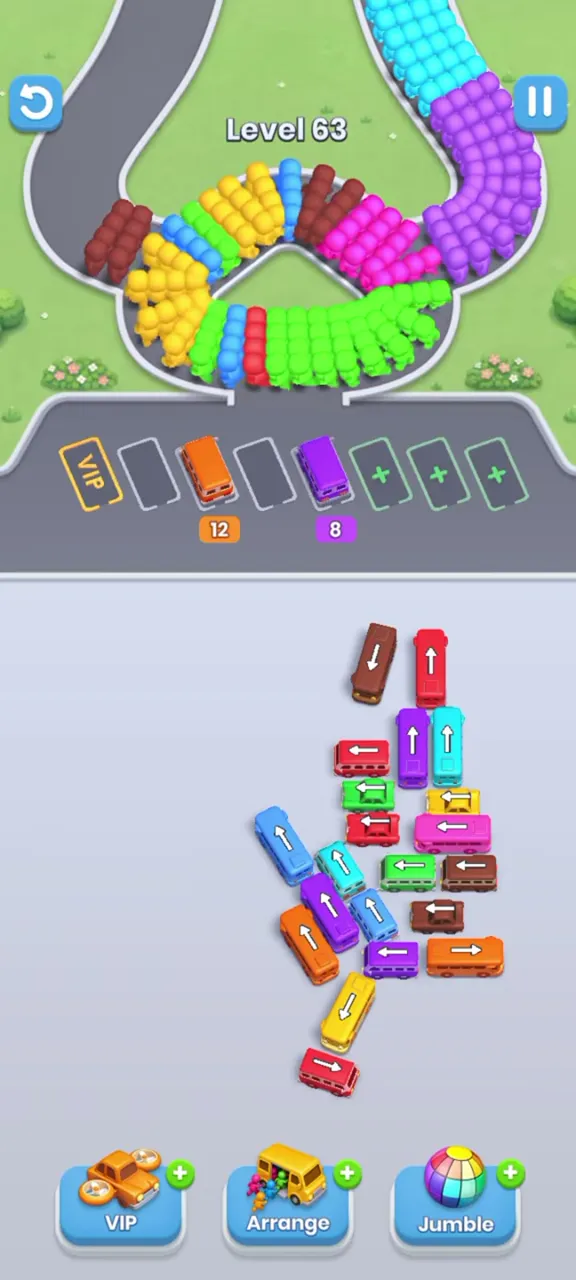 Level 63 with about half of the buses gone and two buses parked in the waiting row