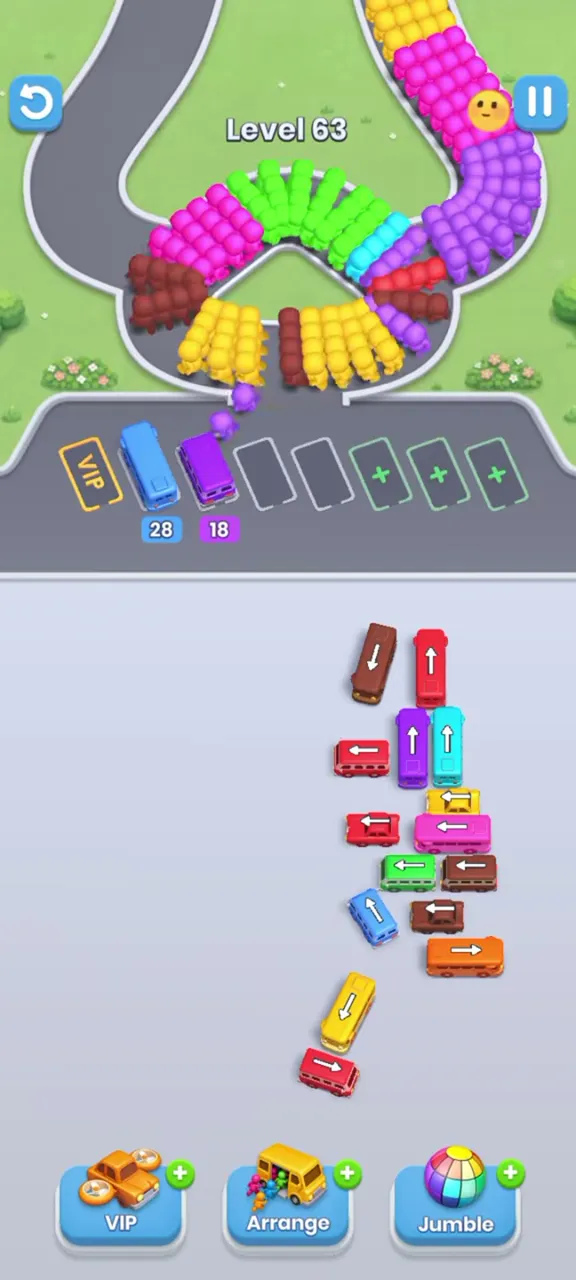Level 63 with a small cluster in the middle and the right column left, two buses parked