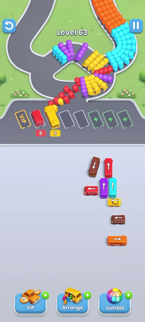 End of level 63: a short column of buses at the right and a few single buses left in the lot