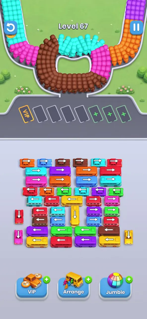 Bus Fever Party level 67: two layouts: grid or curved-arrow lot