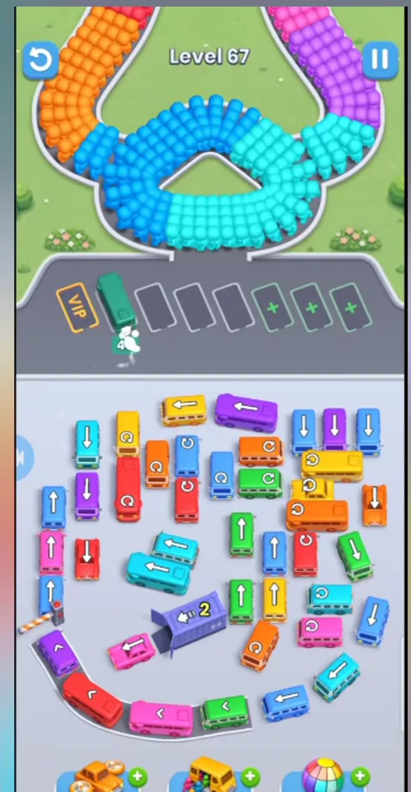 Bus Fever Party level 67 scattered layout: buses with curved arrows in the middle, a bent lane of buses at the lower left ending in a purple garage marked 2