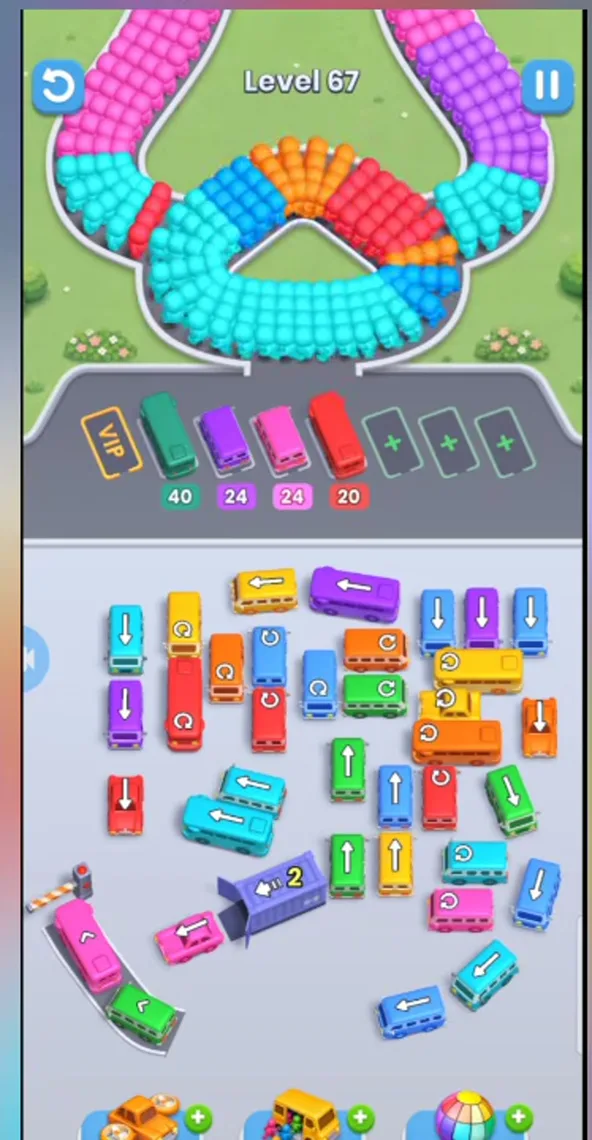 Four buses parked with 40, 24, 24 and 20, bent lane and garage still at the lower left