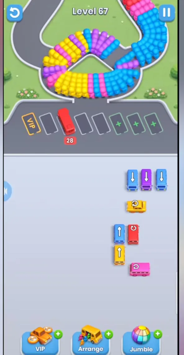 Last small groups of buses on the right, one bus with 28 parked