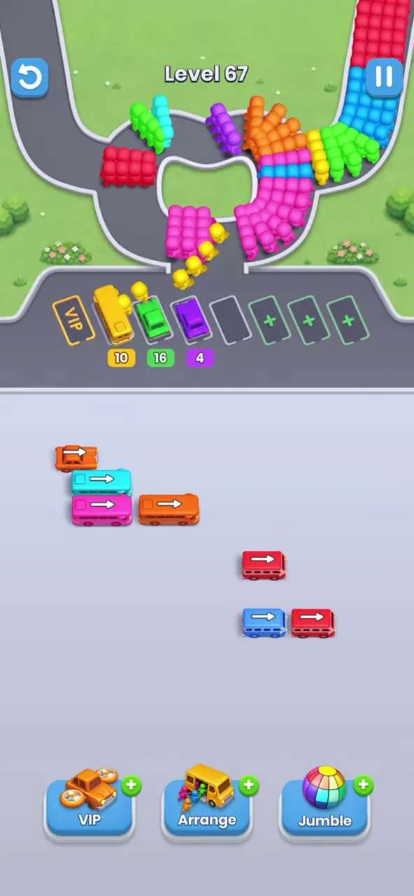 Few buses left at the top left and right, three buses parked