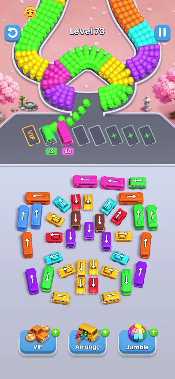 Bus Fever Party level 73: three long buses, crowded center