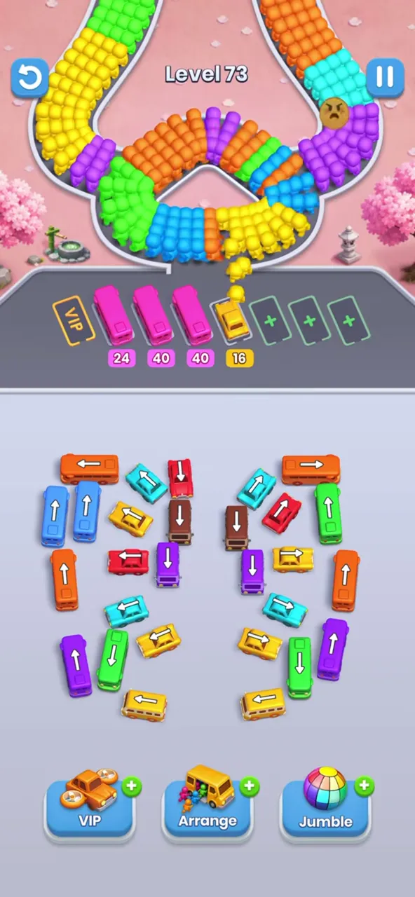 Level 73 with the upper rows thinning out, the three long buses and a short bus in the waiting row
