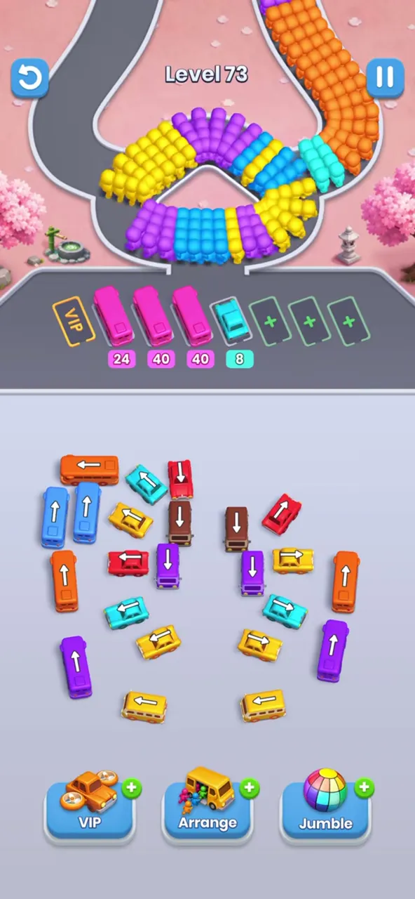 Level 73 with the right side of the lot opening up and four buses parked in the waiting row