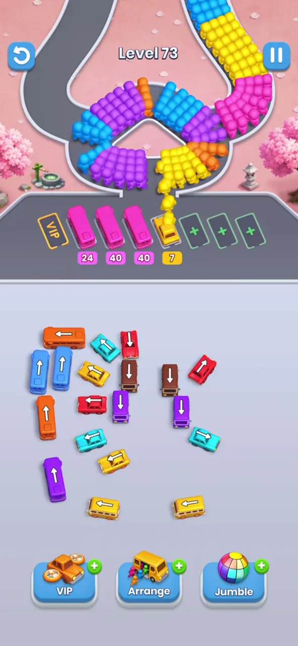 Level 73 with the right side nearly empty and a short bus parked beside the three long ones