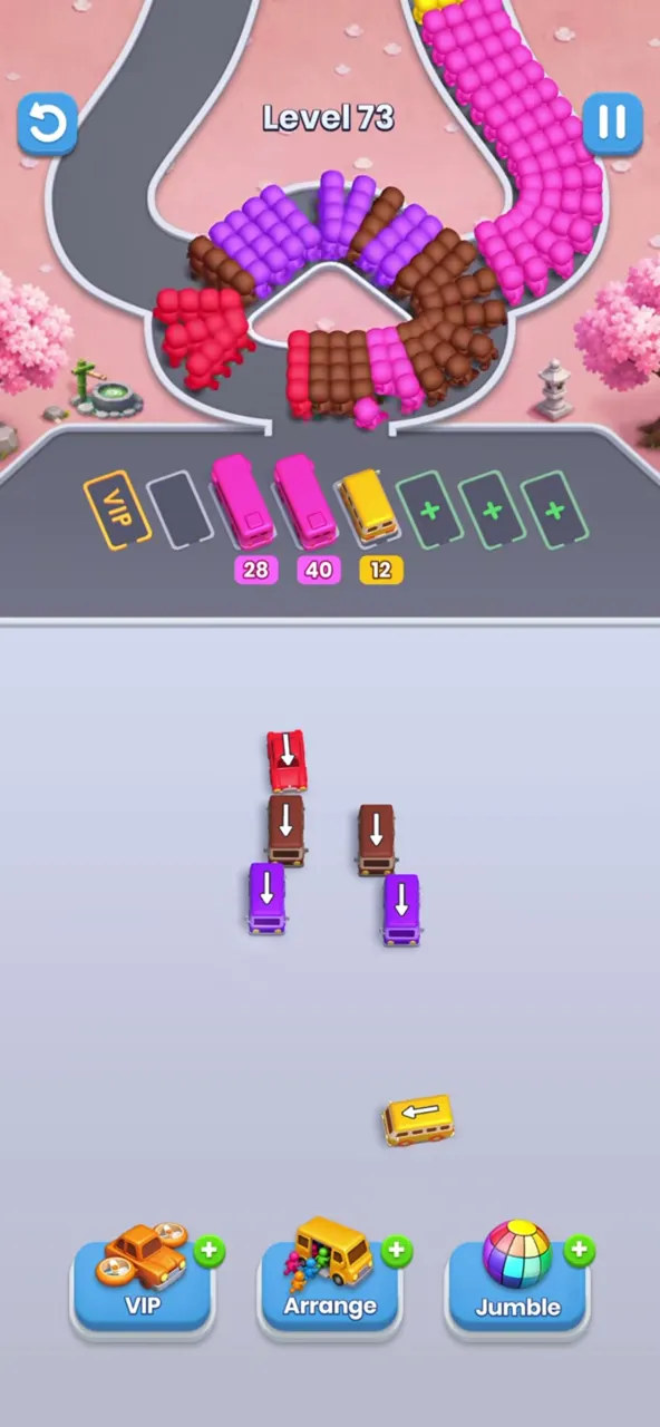 End of level 73: a handful of buses left on the lot and three buses parked in the waiting row