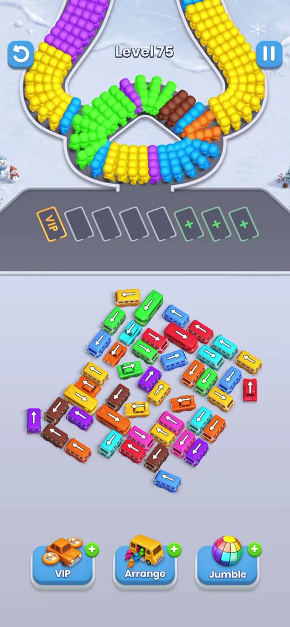Level 75 after the first taps: the edge of the tilted square is thinning, the waiting row is empty