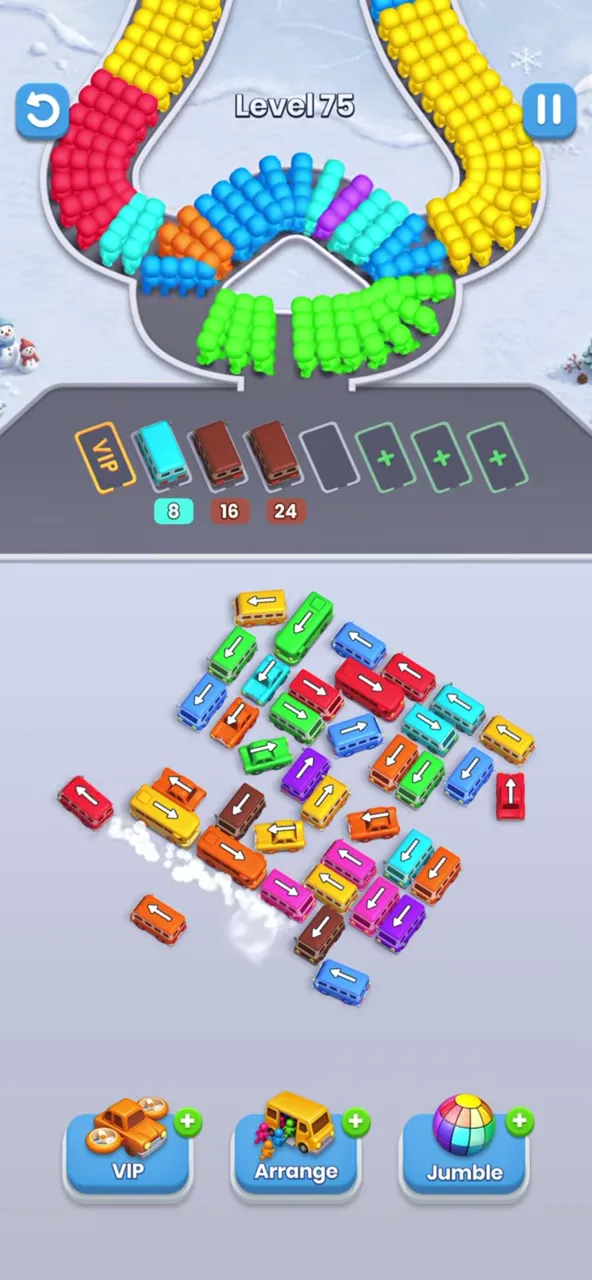 Level 75 with the upper left of the square cleared and three buses parked in the waiting row