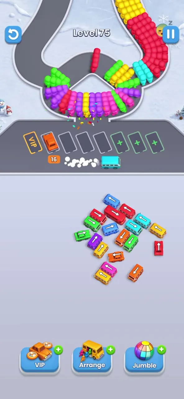Level 75 with a small cluster of buses left and one bus parked in the waiting row