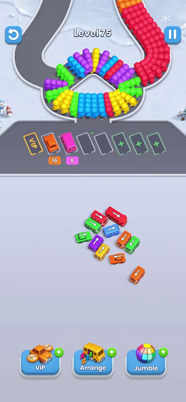 End of level 75: a handful of buses left and two buses parked in the waiting row
