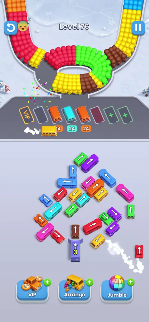 Level 76 after the first moves: the top of the cloud is thinner, four buses are parked in the waiting row