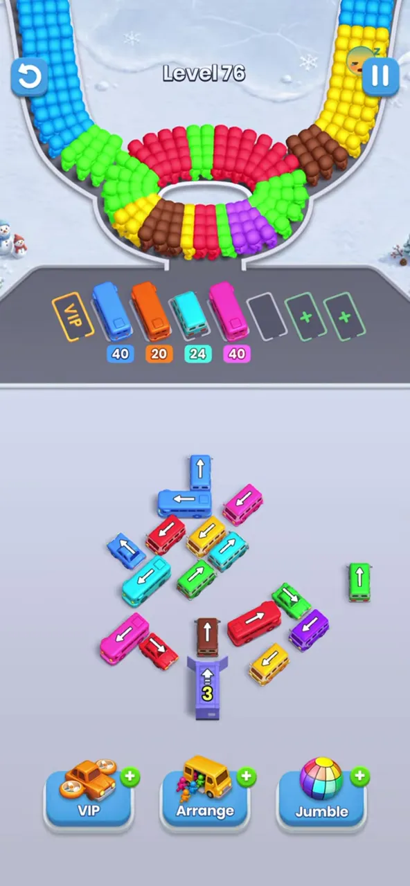 Level 76 with about twenty buses left and four buses parked in the waiting row