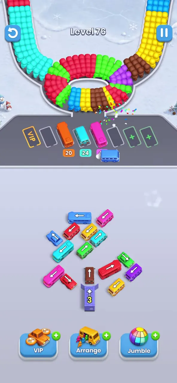 Level 76 with the center of the cloud opening up and three buses parked in the waiting row