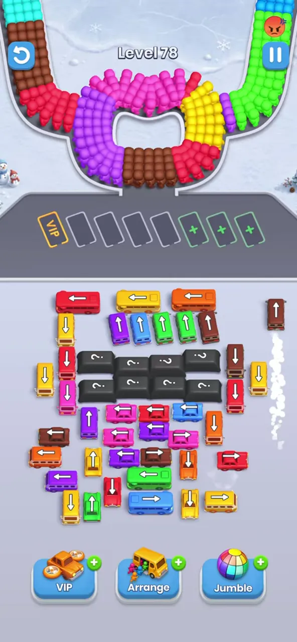 Bus Fever Party level 78: dark question-mark buses in center