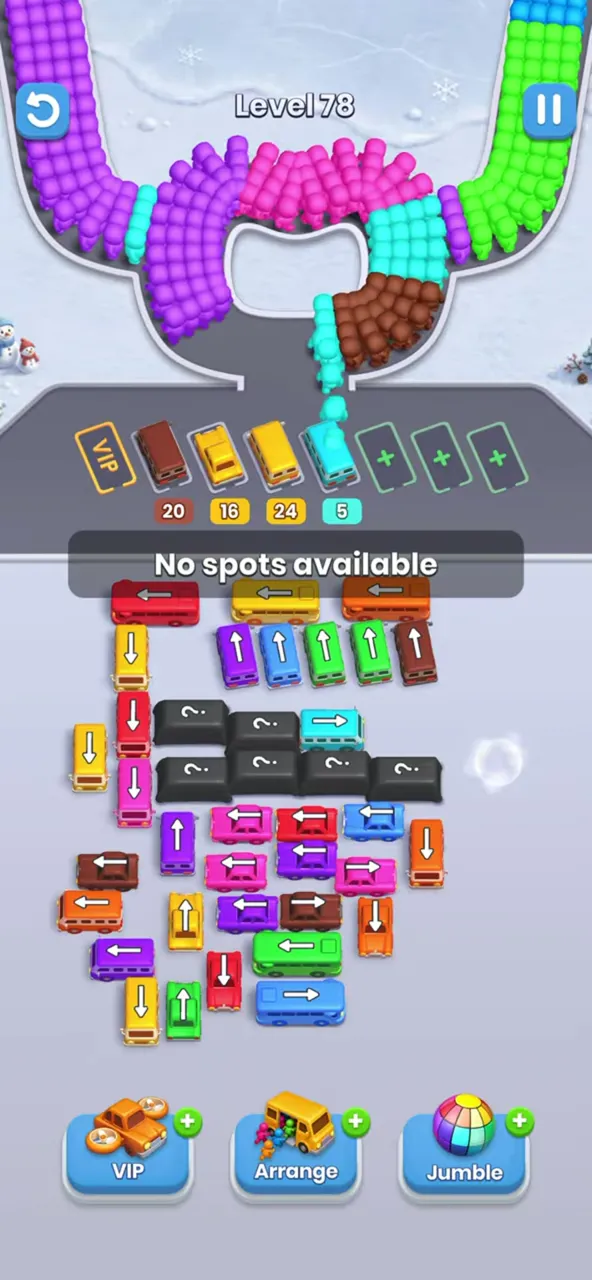 Level 78 after the first taps: four buses in the waiting row, a message No spots available and one uncovered cyan bus among the dark ones