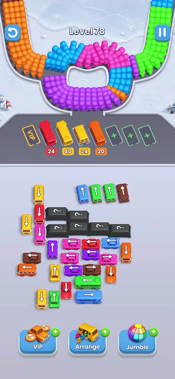 Level 78 with the top long buses gone and four buses parked in the waiting row