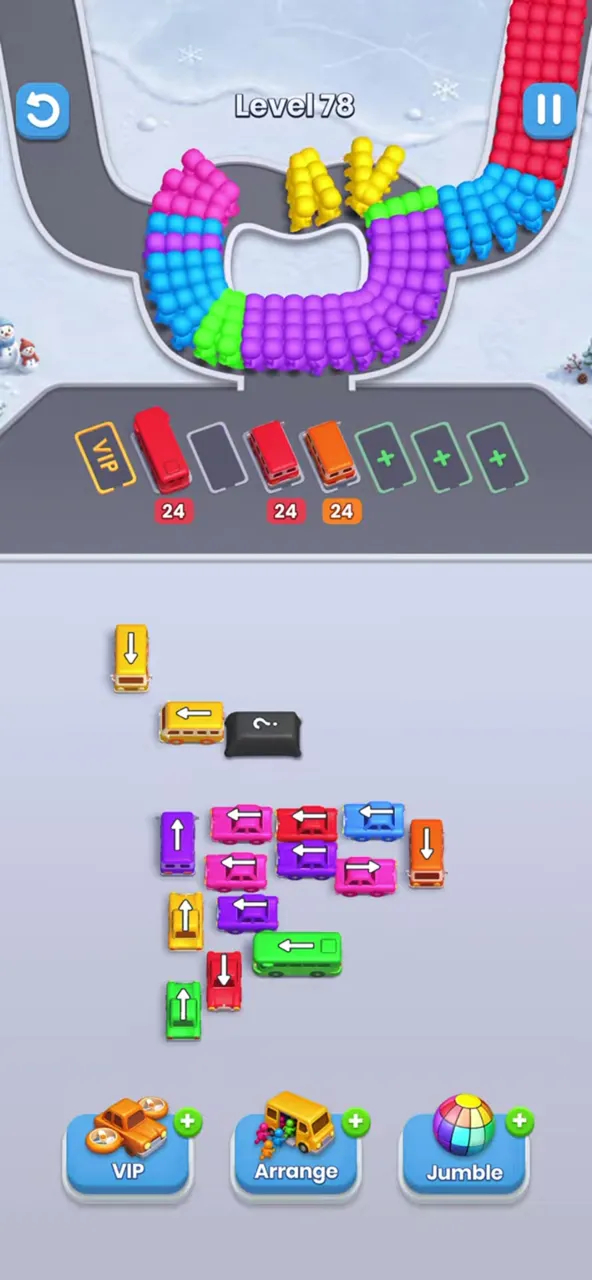 Level 78 with the dark rows almost gone and three buses parked in the waiting row