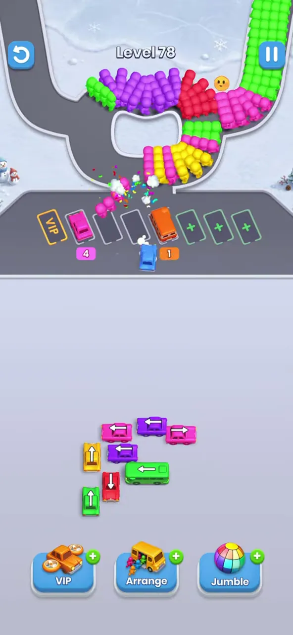End of level 78: a small group of buses left at the bottom of the lot and two buses parked in the waiting row