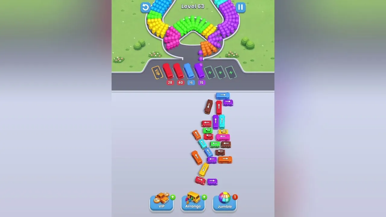 Level 63 of Bus Fever Party played through to the last bus
